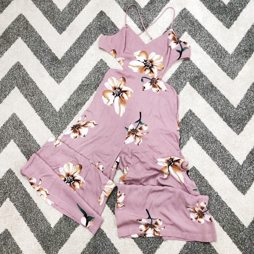 Floral Jumpsuit Open Tie Back Cropped Mauve